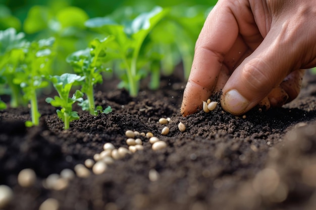 Agricultor semeando sementes no quintal de legumes