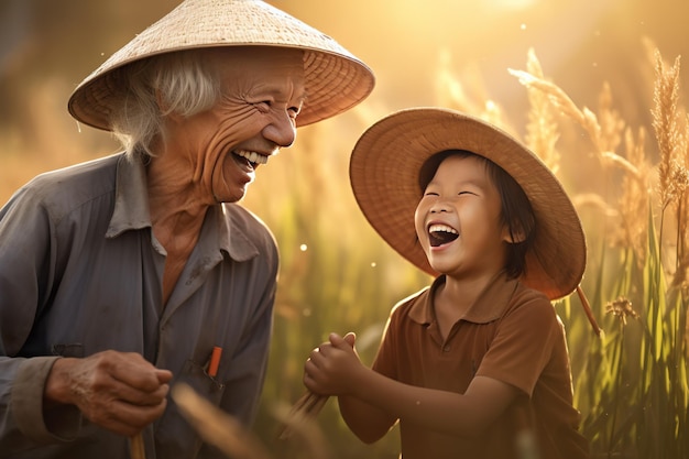 Agricultor senior asiático feliz Los propietarios de granjas masculinos de edad avanzada se paran y hablan en los campos de arroz Concepto de negocio de la industria de productos agrícolas