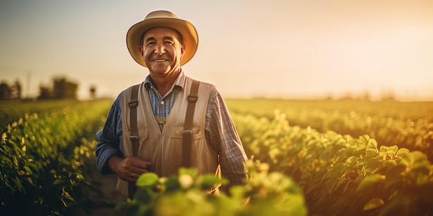 Foto agricultor sênior fica em um campo de soja inspecionando colheitas ao pôr do sol