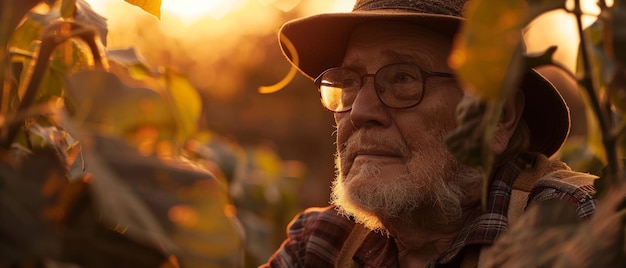 Agricultor sénior de pie en el campo de soja al atardecer inspeccionando la cosecha