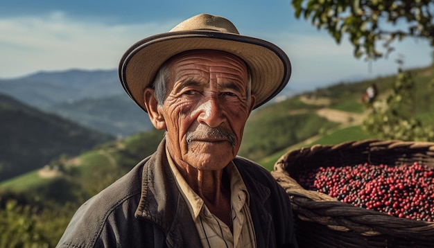 Agricultor senior recogiendo fruta en un paisaje rural generado por IA