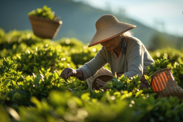 Un agricultor senior recogiendo hojas de té