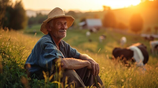 Agricultor sênior sorridente com chapéu sentado no prado e pastoreando vacas