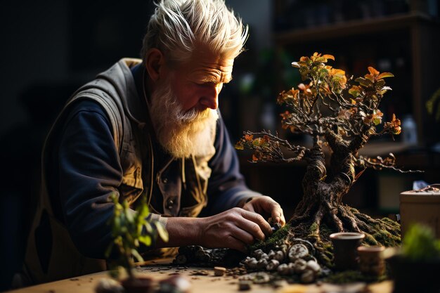 Agricultor senior de verano en un jardín Hombre viejo plantando un pequeño árbol IA generativa