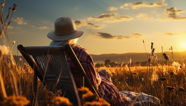 Un agricultor sereno descansa disfrutando de la belleza de la naturaleza al atardecer generada por la IA