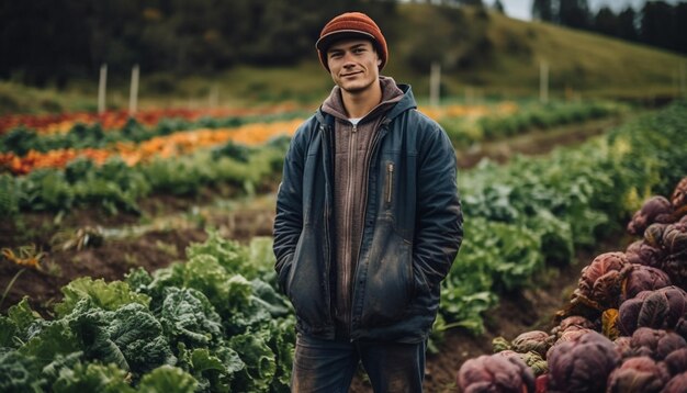 Un agricultor sonriendo cosechando verduras orgánicas frescas generadas por IA