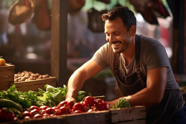 Un agricultor sonriente que prepara frutas y verduras para la venta en el mercado de agricultores con IA generativa