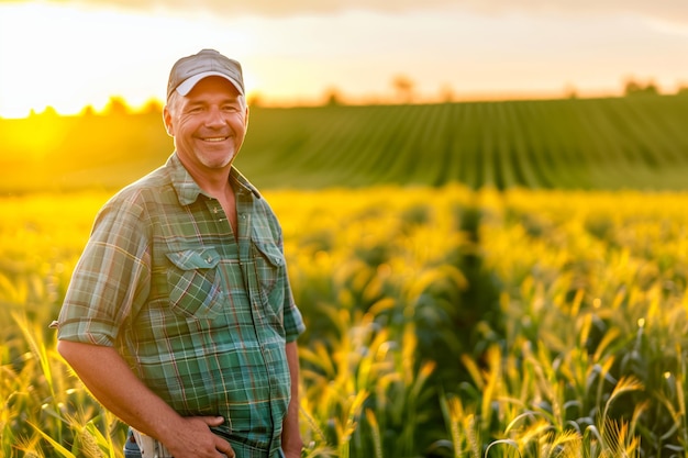 Agricultor sorridente de pé num campo de trigo ao pôr-do-sol