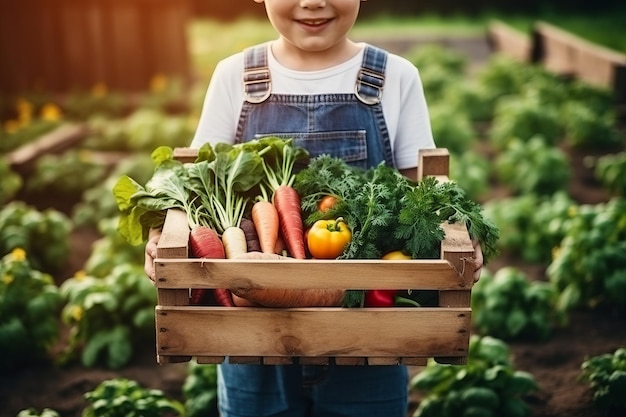 Agricultor sosteniendo una caja de madera con verduras frescas en el fondo del jardín Concepto de comida saludable ai generativo