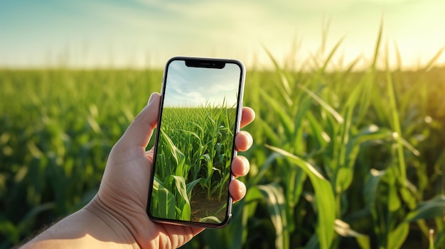 Agricultor sosteniendo un teléfono inteligente frente al campo de maíz Agricultura digital inteligente Control de crecimiento de plantas desde el teléfono inteligente