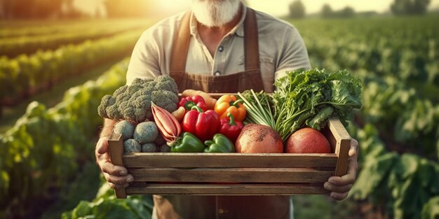 El agricultor sostiene la caja de madera con IA generada