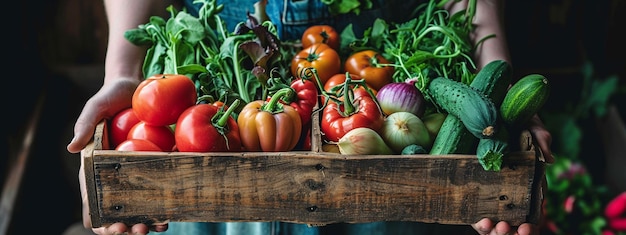 el agricultor sostiene una caja con verduras recién recogidas en sus manos