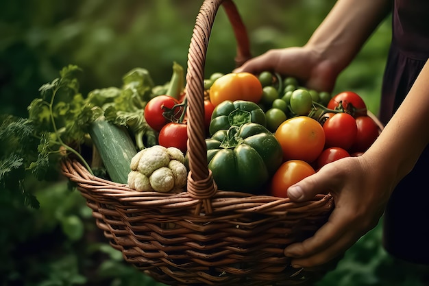 El agricultor sostiene una canasta de caja de madera con vegetales crudos frescos AI