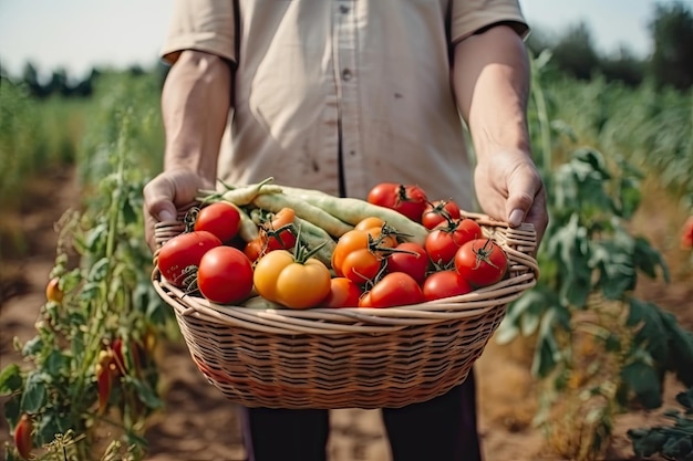 Un agricultor sostiene una canasta de verduras con cosecha de fondo agrícola