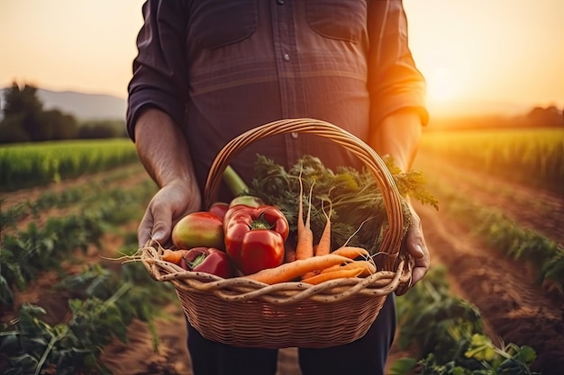 Un agricultor sostiene una canasta de verduras con cosecha de fondo agrícola