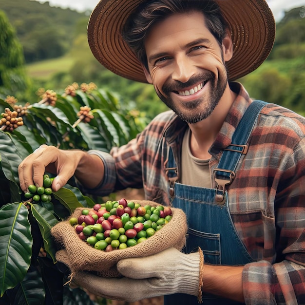 un agricultor sostiene un plato de frutas con un montón de frijoles verdes