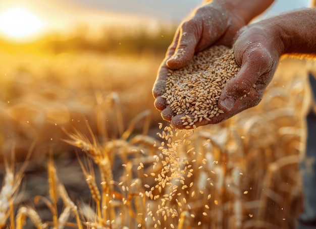 El agricultor sostiene un puñado de granos de trigo en el fondo del campo al atardecer