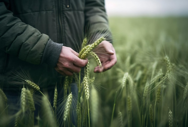 un agricultor en su campo tocando los oídos del concepto de la agricultura del trigo