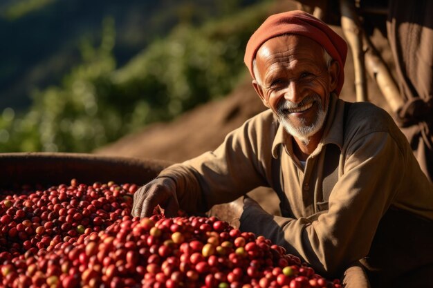 Foto agricultor con su cosecha de café en una plantación nueva cosecha de granos