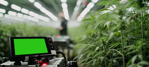 Un agricultor de tecnología agrícola utiliza datos de análisis de computadoras tabletas para cultivar marihuana para uso médico