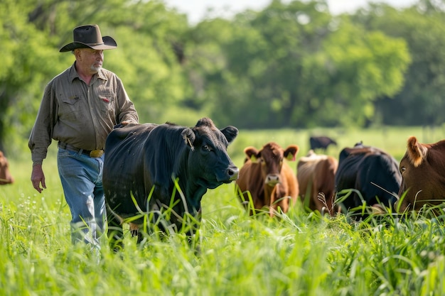Agricultor texano que trabaja con el ganado en un campo de hierba en el campo de Texas cuidando, alimentando y criando animales para una agricultura sostenible