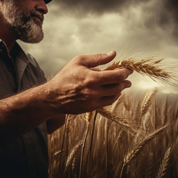 Foto agricultor tocando o trigo com a palma da mão