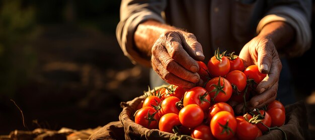 Foto agricultor con tomates frescos en la mañana alimentos verduras agricultura