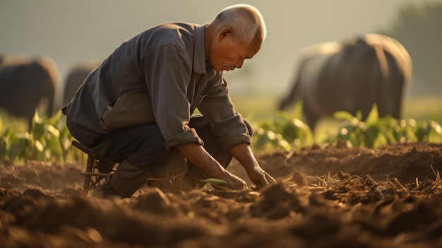 Agricultor trabajador en el campo Un agricultor diligente que cuida los cultivos o el ganado en una zona rural