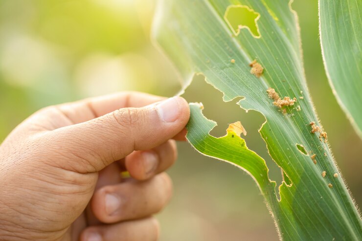 Agricultor trabajando comprobando el problema de los gusanos que comen hojas de maíz