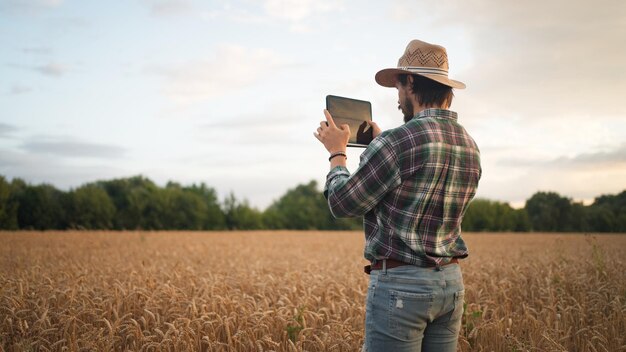Foto agricultor trabajando con una tableta en un campo de trigo