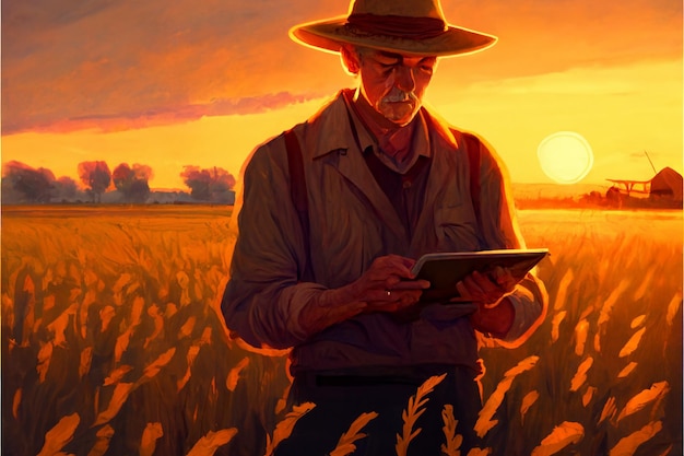 Agricultor trabalha no campo usando um tablet gerado por IA