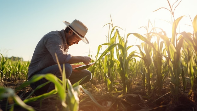 Agricultor trabalhando em computador tablet no campo de milho ao pôr do sol Conceito de tecnologia e agricultura