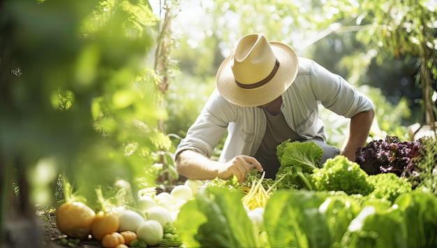 Agricultor trabalhando no conceito de união de horta