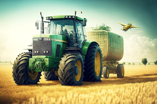 Foto agricultor y tractor agrícola en campo con rica cosecha