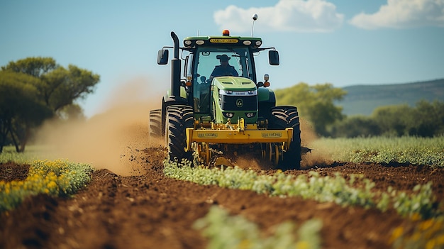 Agricultor en tractor preparando la tierra con el cultivador de camas de siembra como parte de las actividades previas a la siembra a principios