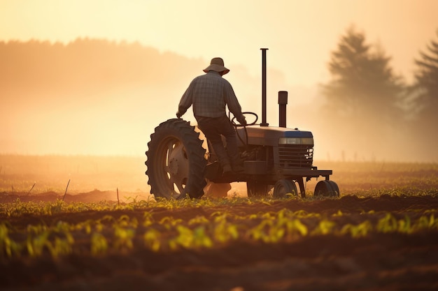 Agricultor en tractor preparando la tierra con cultivador de semilla al amanecer Un agricultor que opera un tractor trabajando en el campo por la mañana AI Generado