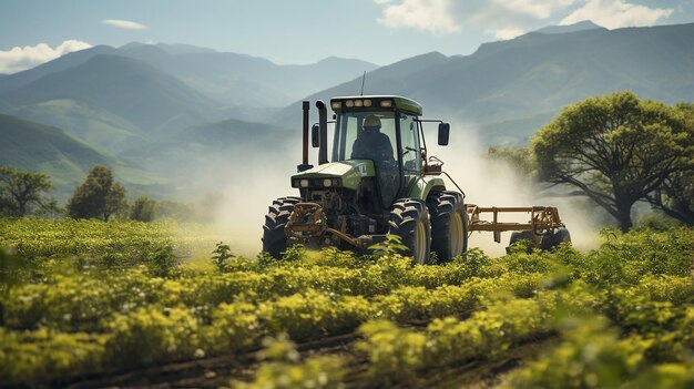 Un agricultor en un tractor con un pulverizador hace fertilizante para verduras jóvenes