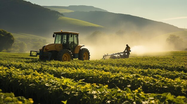 Un agricultor en un tractor con un pulverizador hace fertilizante para verduras jóvenes