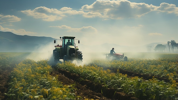 Un agricultor en un tractor con un pulverizador hace fertilizante para verduras jóvenes