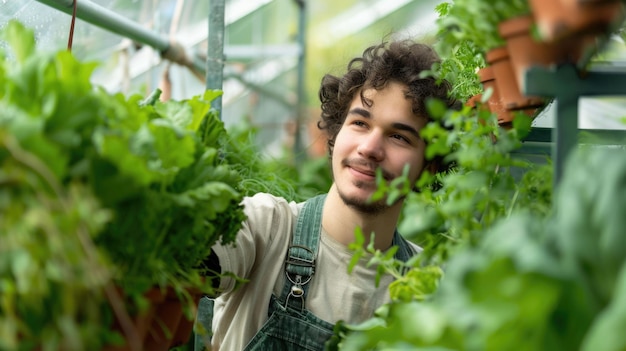 El agricultor urbano está trabajando dentro del invernadero para cosechar verduras