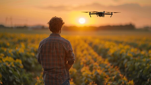 Agricultor usa um drone para pesquisar os campos