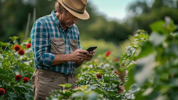 Agricultor usando una aplicación de teléfono inteligente para monitorear el fondo