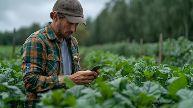 Agricultor usando una aplicación de teléfono inteligente para monitorear el fondo