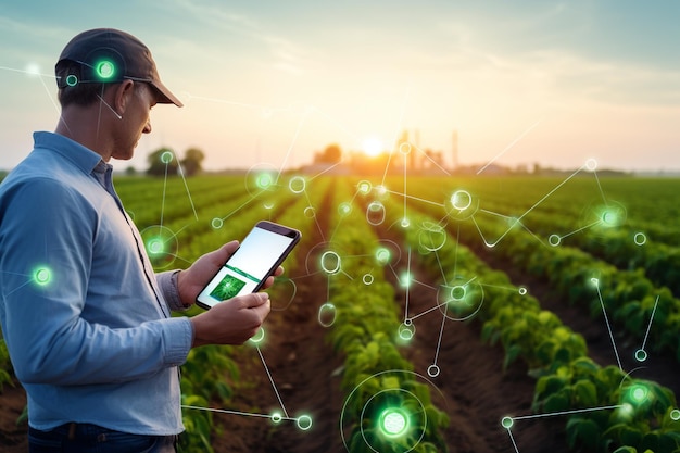 Agricultor usando tablet em estufa de alta tecnologia enfatizando a agricultura moderna