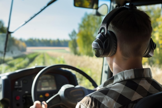 Foto agricultor usando tampões para os ouvidos enquanto opera um trator