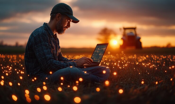 Agricultor usando tecnología en el campo
