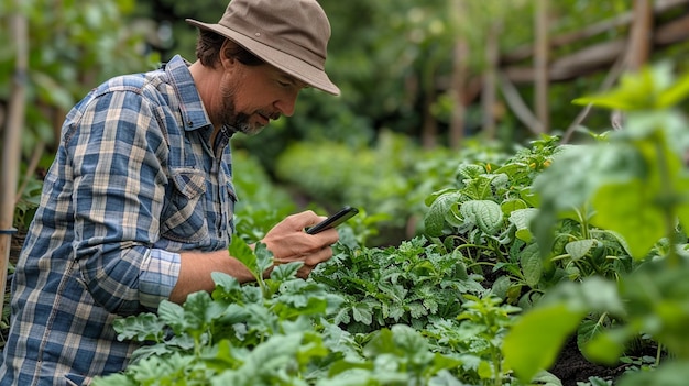 Agricultor usando um aplicativo de smartphone para monitorar o fundo