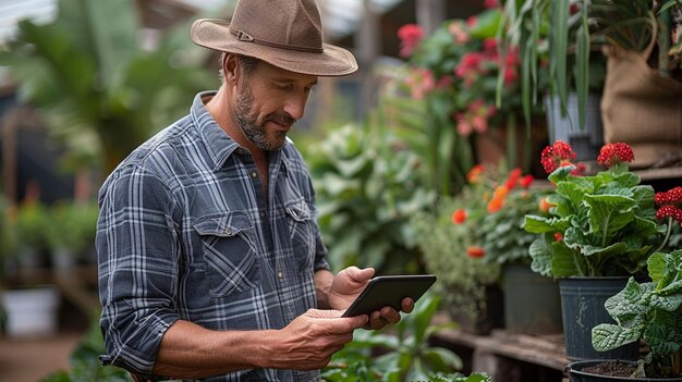 Foto agricultor usando um tablet remotamente no fundo