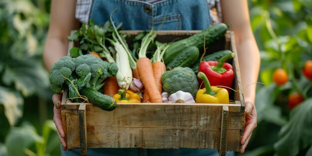 Agricultor con una variedad de verduras en las manos IA generativa