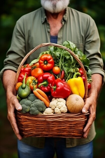 Agricultor con verduras y frutas en las manos IA generativa